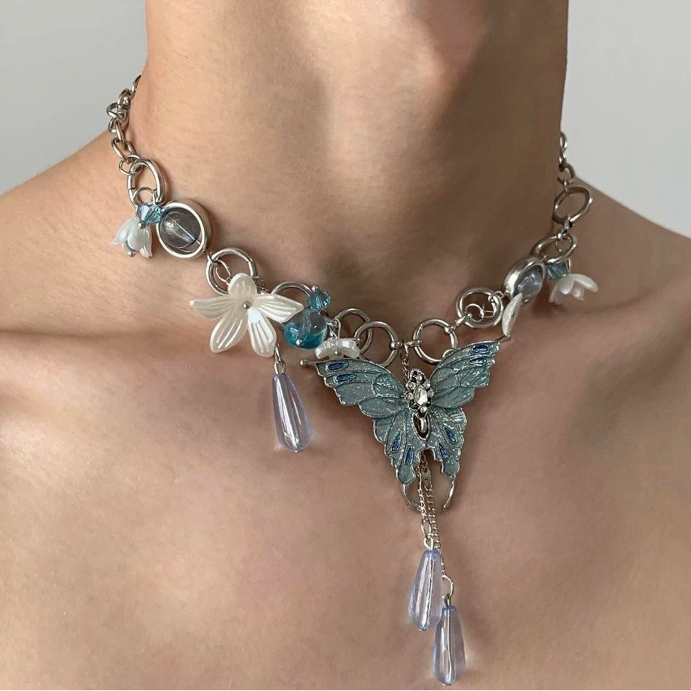 Blue Crystal Butterfly Flower Choker Necklace - Picture 5 of 5